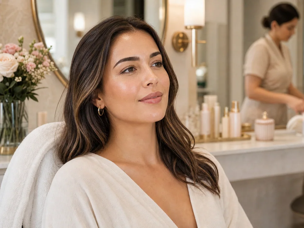 Cliente com pele luminosa após tratamento de estética facial no salão