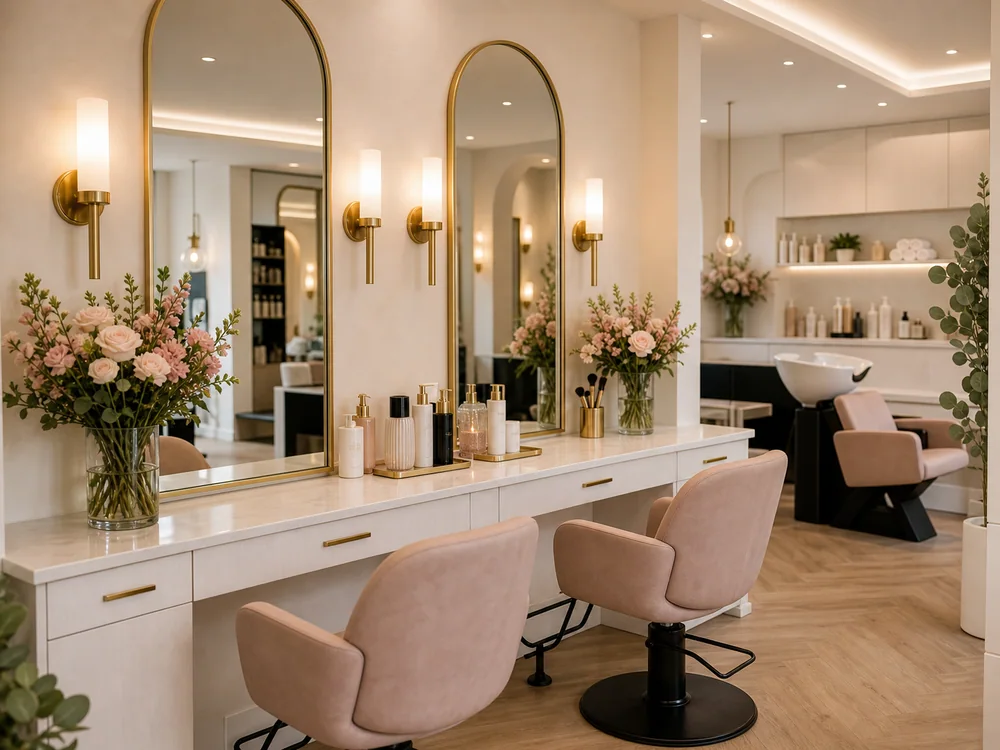 Interior elegante do salão de beleza com espelhos, flores e cadeiras de styling